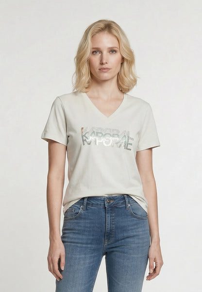 LIA cream stretch cotton slim short-sleeved T-shirt