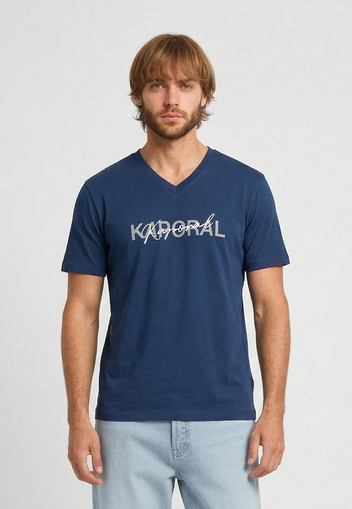 RALY navy blue stretch cotton slim short-sleeved T-shirt