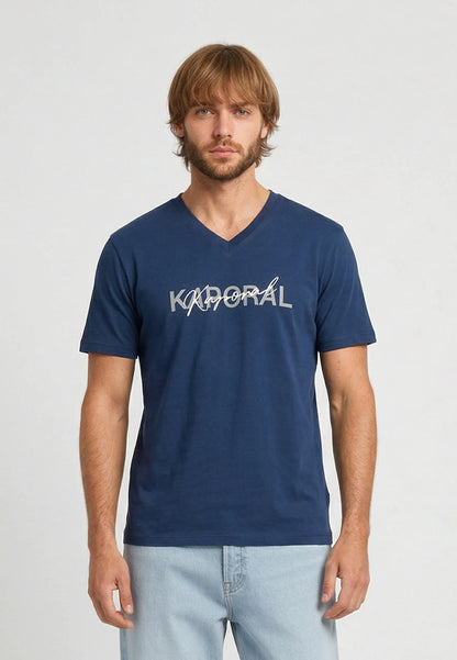 RALY navy blue stretch cotton slim short-sleeved T-shirt