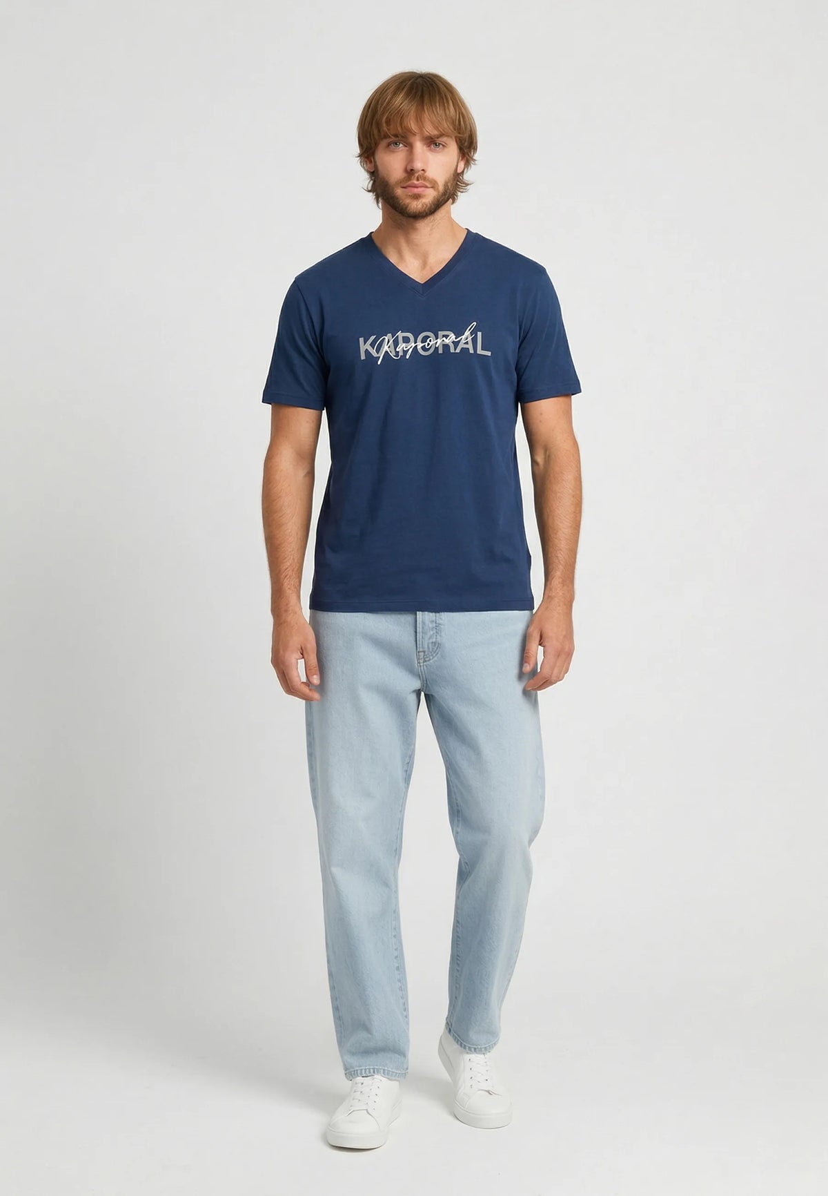 RALY navy blue stretch cotton slim short-sleeved T-shirt