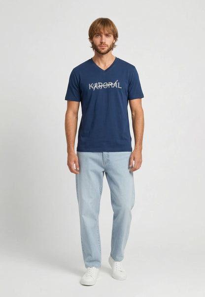 RALY navy blue stretch cotton slim short-sleeved T-shirt