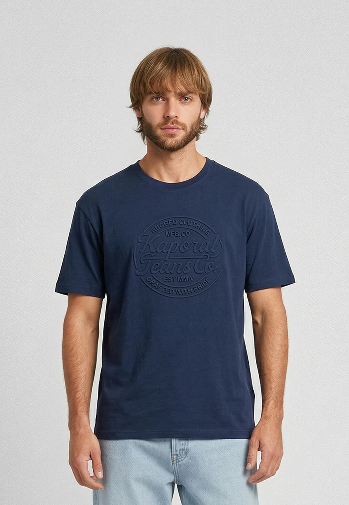 KRAFT regular navy blue cotton short-sleeved T-shirt